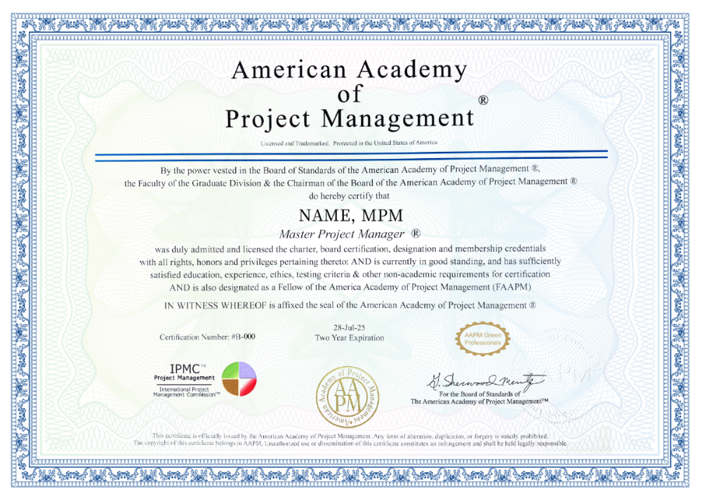 绿色项目管理认证MPM证书样本