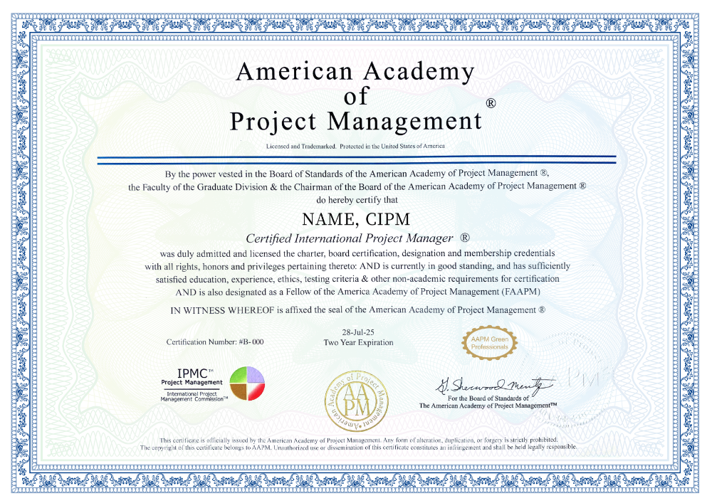 绿色项目管理认证CIPM证书样本